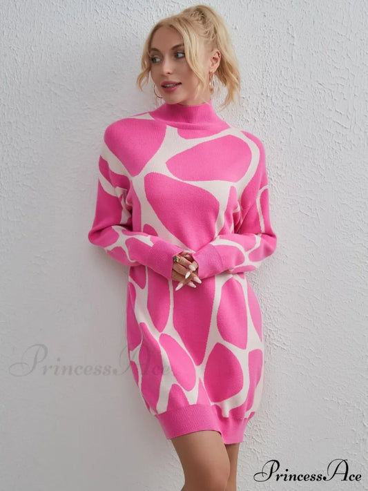 Sweater Gown with Mock Neck Contrast Hot Pink / One Size