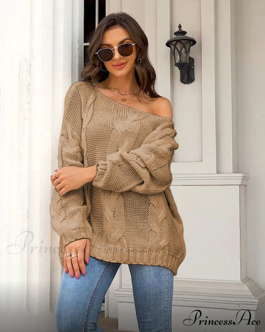 sweater style neck and knitted European Women’s loose - round - American pullover Khaki / S