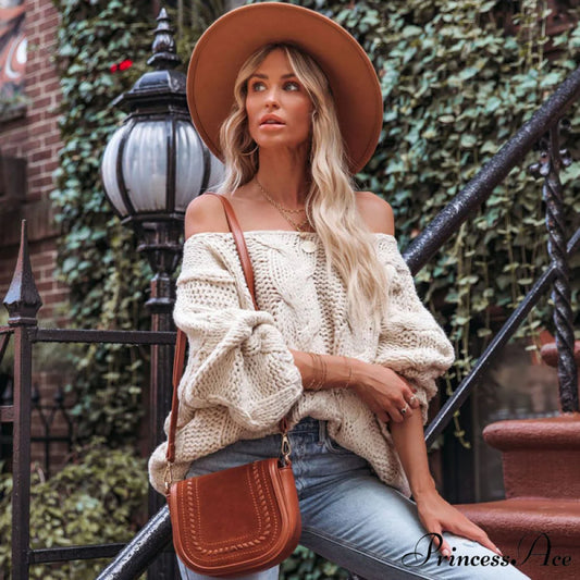 sweater style neck and knitted European Women’s loose - round - American pullover White / S