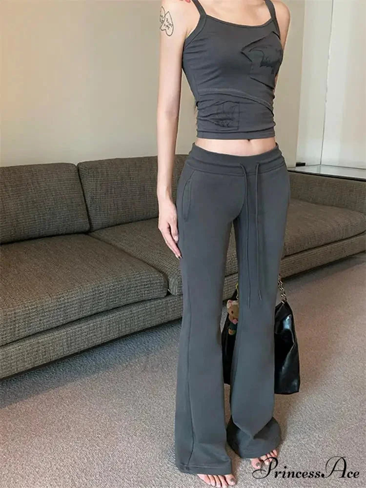 Sweatpants Low-waisted Black Grey Drawstring Flare Streetwear Quality Pants