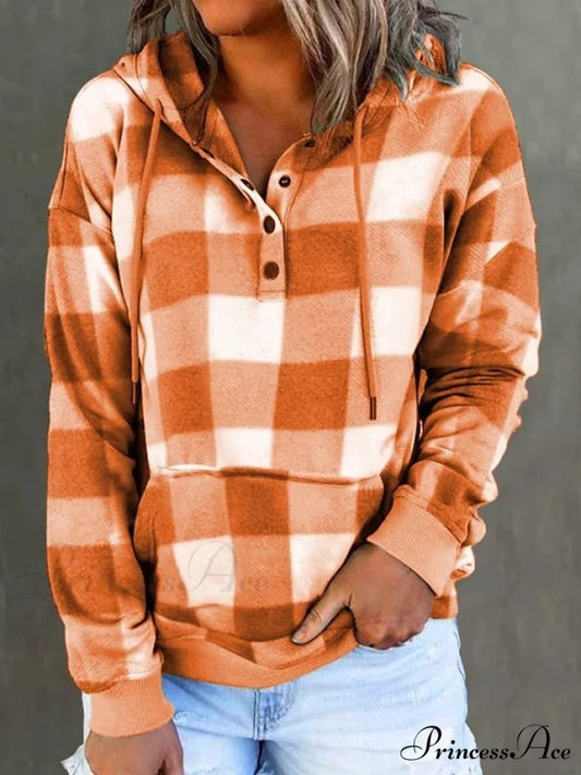 Sweatshirt Hoodie and Women’s Front Button Drawstring Plaid with Pocket Orange / S