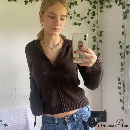 Sweatshirts Hoodies Zip-up Women閳ユ獨 Long Cardigan Solid Knit Y2K Color Drawstring Casual Sweaters Arm Clothing