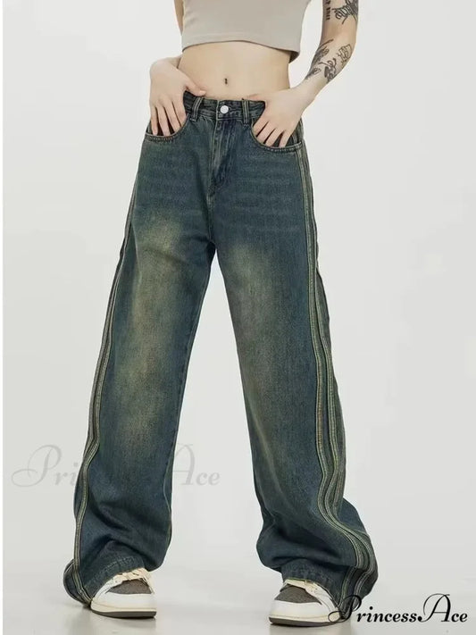 Sweeping Floor Spicy Girl Small Loose High Waisted Straight Leg Wide-Leg Jean Retro Blue / S