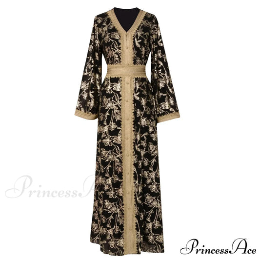 Sweet Black Ruched Chiffon Trumpet-Sleeve Long Princess Vintage Party Dress Black / S