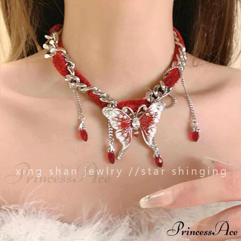 Sweet Cool Red Velvet Butterfly Tassel Gothic Exaggerated Personality Necklace RED