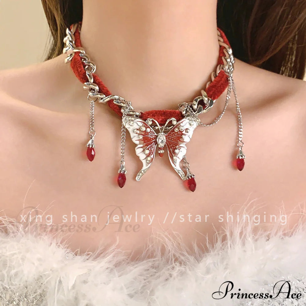 Sweet Cool Red Velvet Butterfly Tassel Gothic Exaggerated Personality Necklace RED