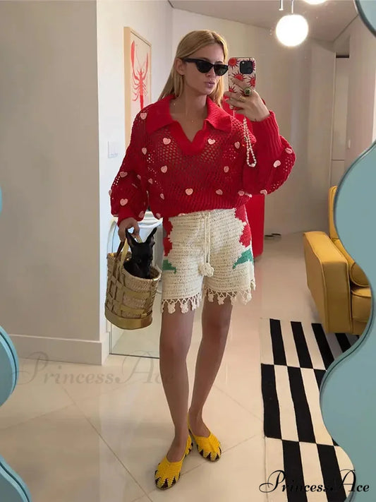 Sweet Handmade Elegant Stylish Fashionable Cozy V-neck Lantern Sleeve Warm Sweater Red / S