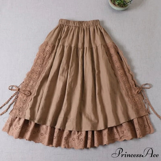 Sweet Japan Style Mori Lace Stitched Linen Skirt khaki / One Size