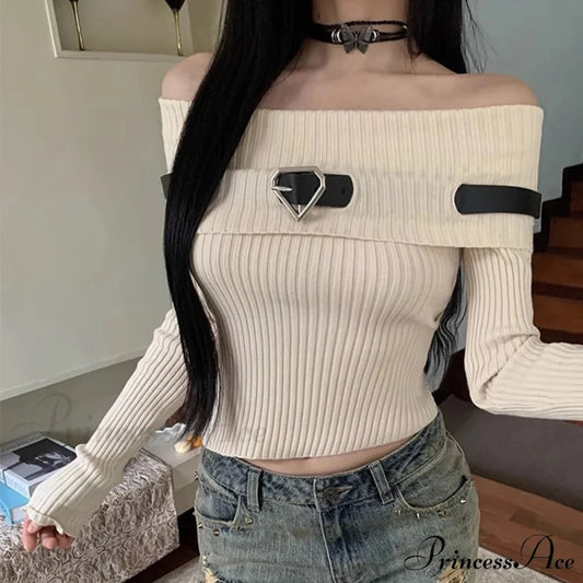 Sweet Off Shoulder Ribbed Crop Long Sleeve Slim Fit Knit Top Modified Title: Charming Off Shoulder Ribbed Crop Long