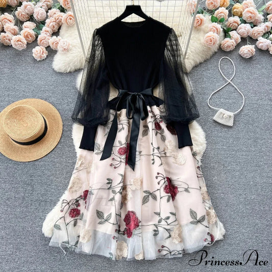 Sweet Patchwork Long Lantern Sleeves Bow Mesh Embroidery Floral High Waist A-Line Elegant Party Dress Beige / One Size