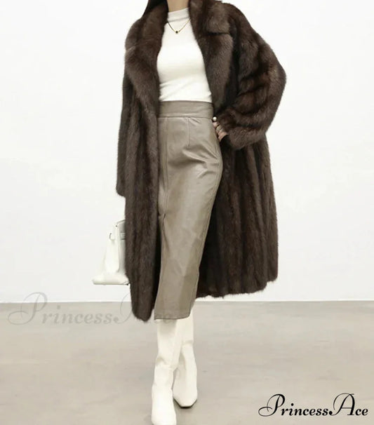 Synthetic Fur Collar Pit Material Draped Overcoat Brown / S overcoats-241228
