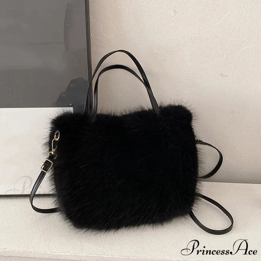 Synthetic Fur Soft Bucket Tote Winter Crossbody Shoulder Purse Black handbag-250126