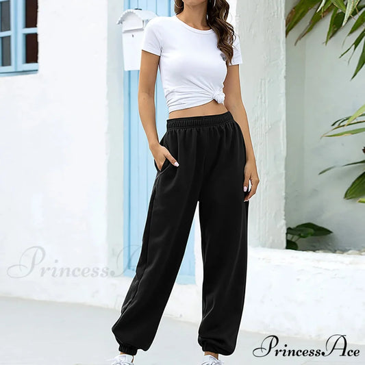Synthetic High Waist Casual Trousers Black / S pants-241228