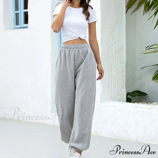 Synthetic High Waist Casual Trousers Grey / S pants-241228