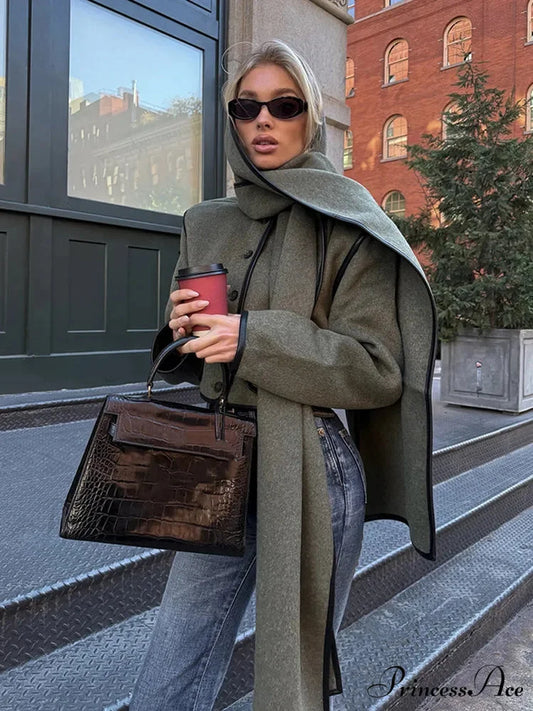 Synthetic Leather Border Tweed Short Coat gray green / S coats-241228