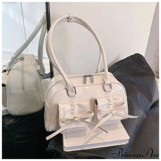 Synthetic Leather Bow Shoulder Purse Beige / 30x17x10cm shoulder-250126