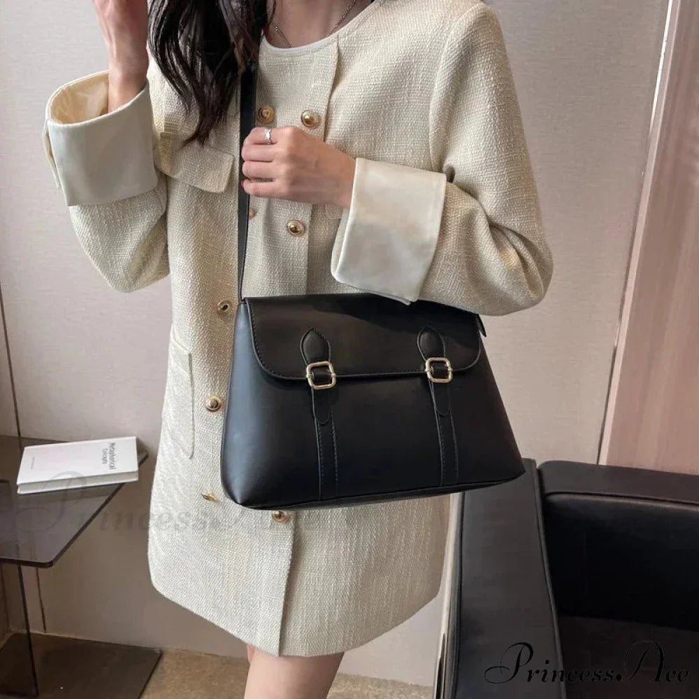 Synthetic Leather High-End Designer Shoulder Bag Black shoulder-250126