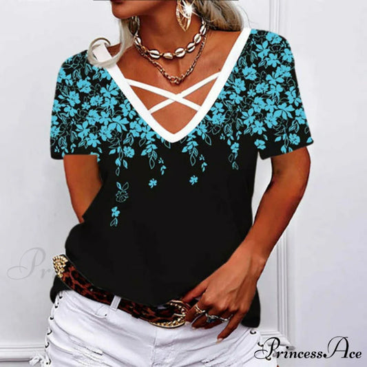 T-Shirt Flowered with Elegant Print Blue / S