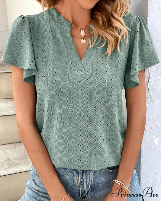 T-shirt Ruffle with V-neck Sleeves Green / S