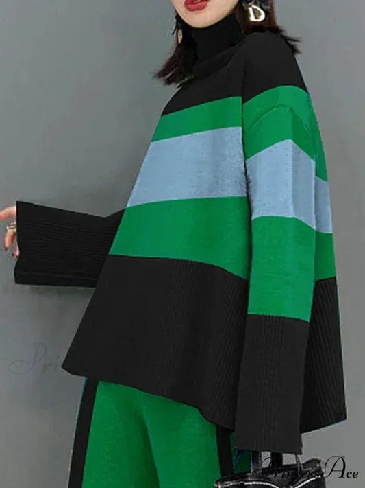 Tall Collar Retro Flared Sleeves Jumper Green Tops / S swraters-241228