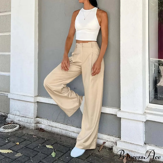 Tall Waist Baggy Fit Cargo Broad Trousers Khaki / S pants-241228