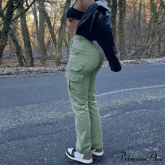 Tall Waist Trim Fit Cargo Trousers Green / S pants-241228