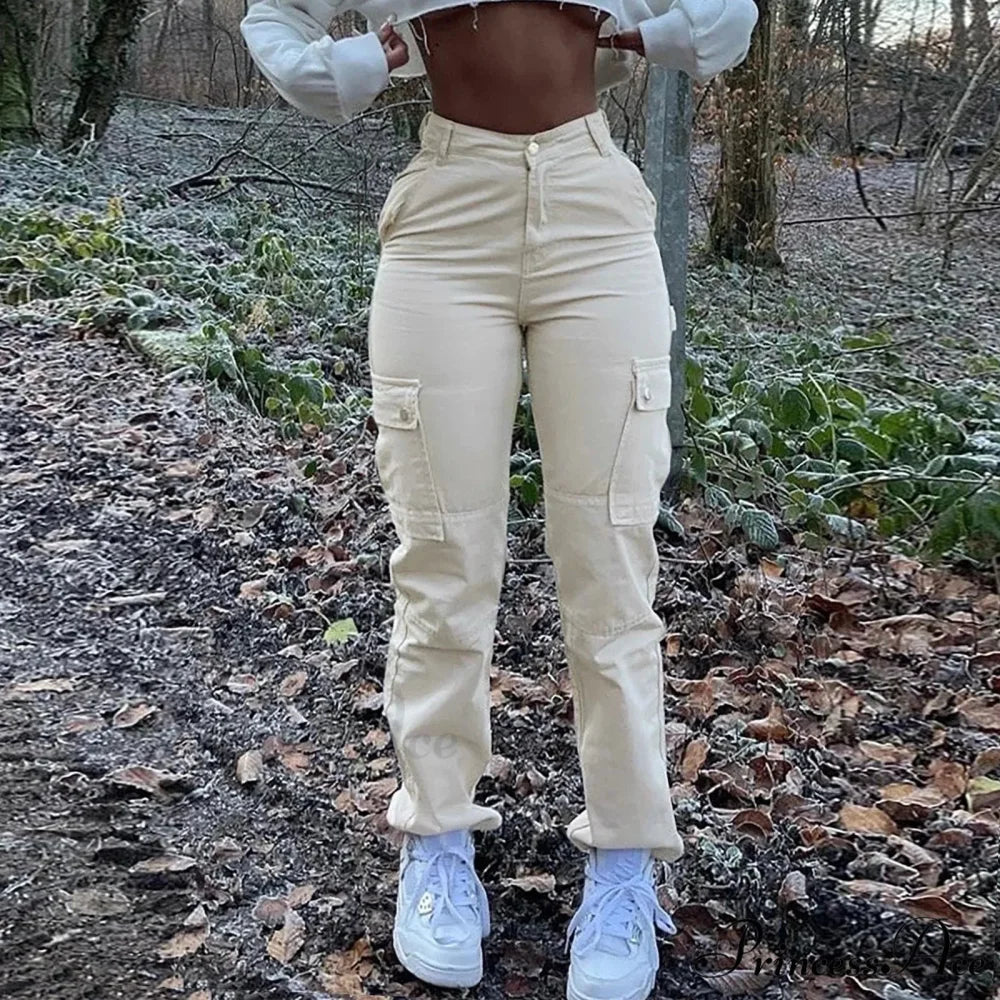 Tall Waist Trim Fit Cargo Trousers White / S pants-241228
