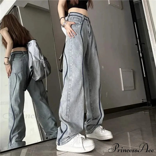 Tall Waisted Baggy Straight Denim Trousers pants-241228