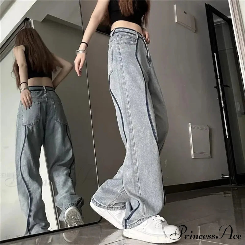 Tall Waisted Baggy Straight Denim Trousers pants-241228