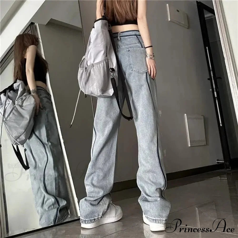 Tall Waisted Baggy Straight Denim Trousers pants-241228
