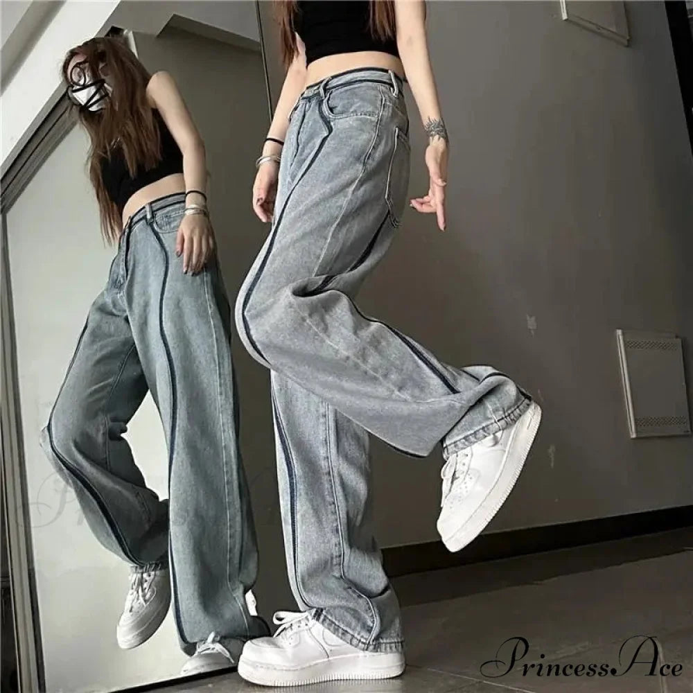 Tall Waisted Baggy Straight Denim Trousers pants-241228