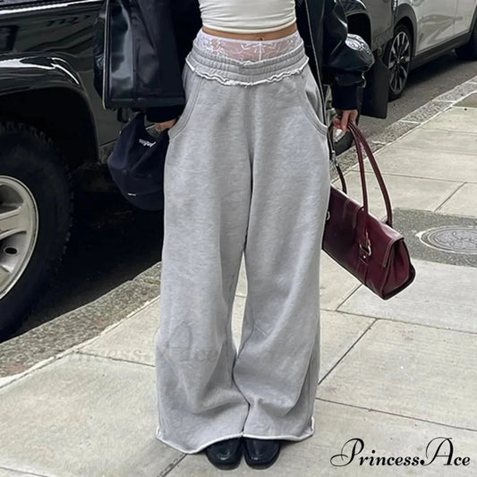 Tall Waisted Billowy Palazzo Trousers Grey / S pants-241228