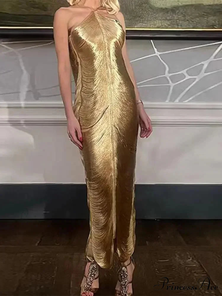 Tassel Shinny Halter Off Shoulder Party Dress Gold / S