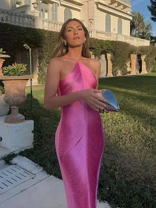 Tassel Shinny Halter Off Shoulder Party Dress Pink / S