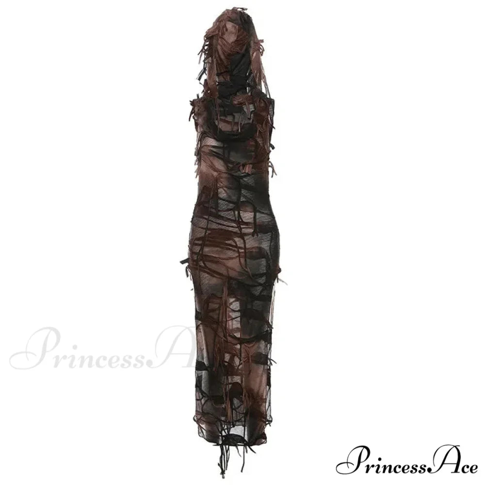 Tassel Vintage Gothic Hooded Midi Dress Fairy Grunge Y2K Sexy High Split Sleeveless Tie Dye Dress Brown / S