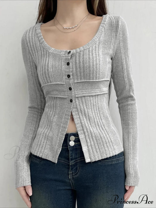 Tender Firm Divided Square Neckline Extended Sleeve Knit Top GRAY / S knittop-250126