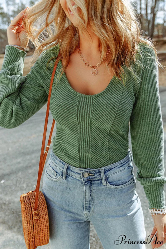 Textured Arm Green - Top Long U Neck Green / S / 95% Polyester + 5% Elastane