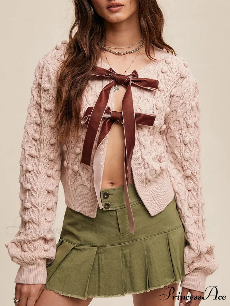 Textured Bow Tie Twisted Knit Cardigan cardigans-241228