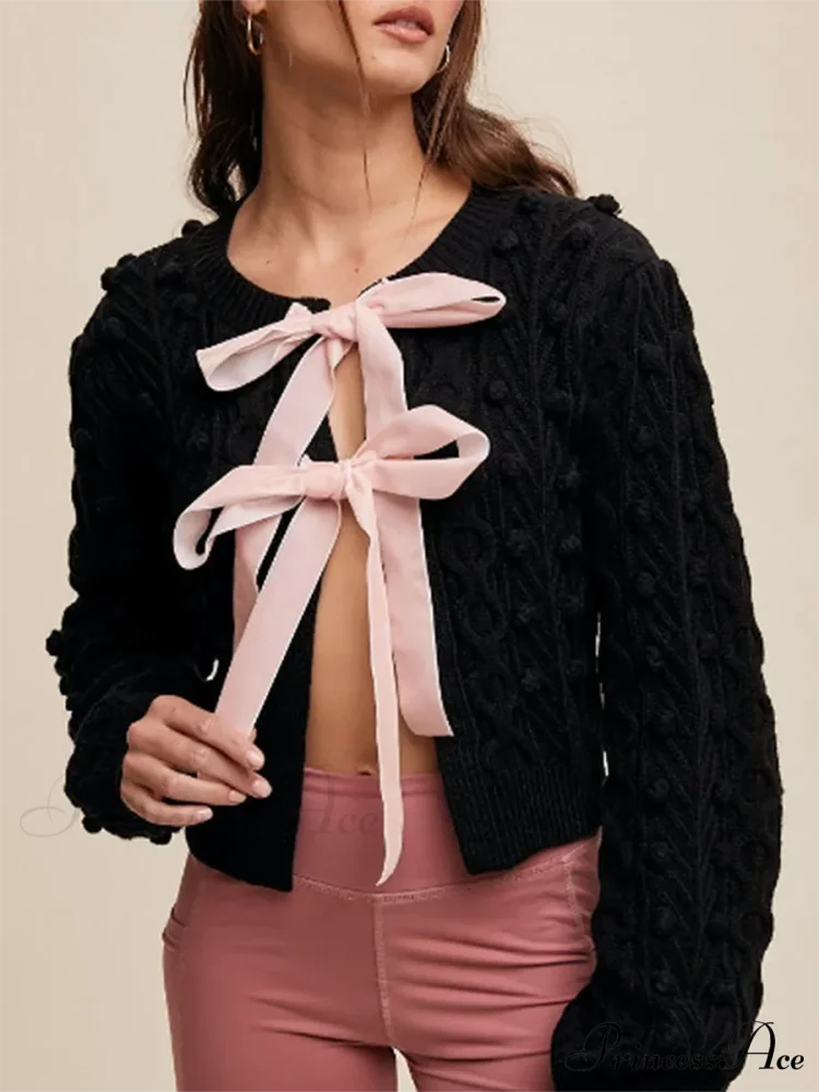 Textured Bow Tie Twisted Knit Cardigan cardigans-241228