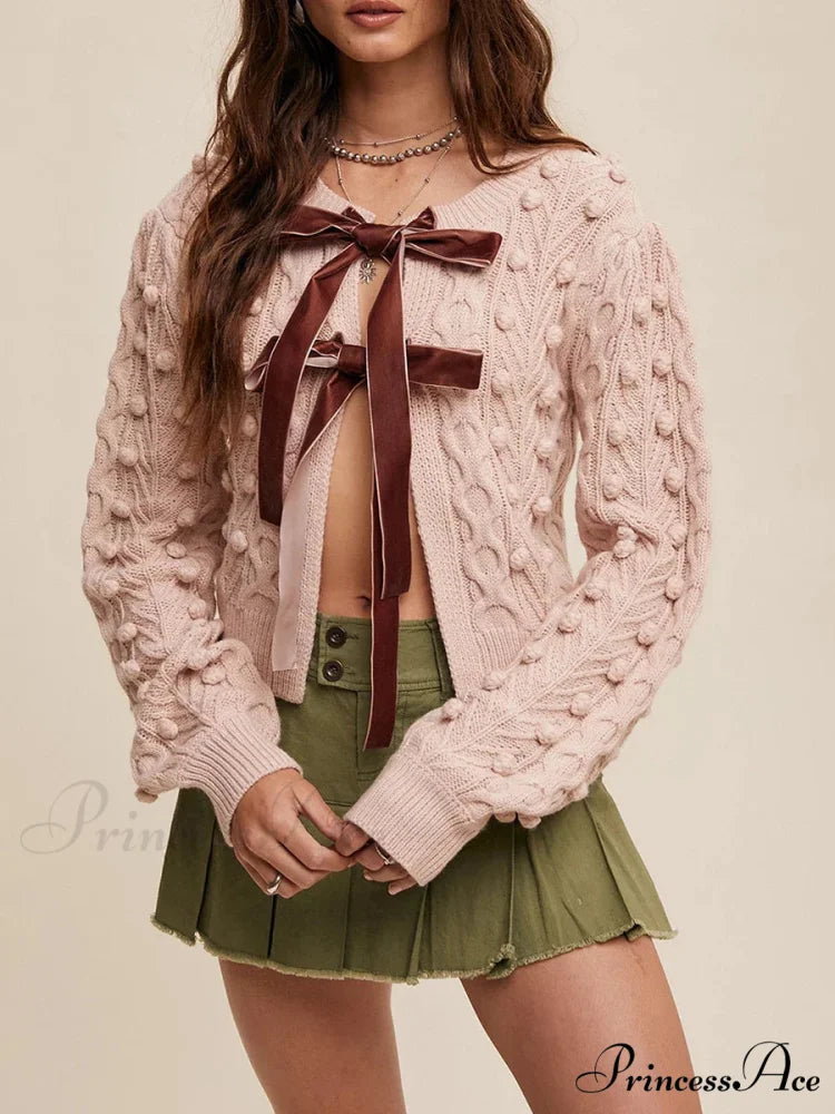Textured Bow Tie Twisted Knit Cardigan pink / S cardigans-241228
