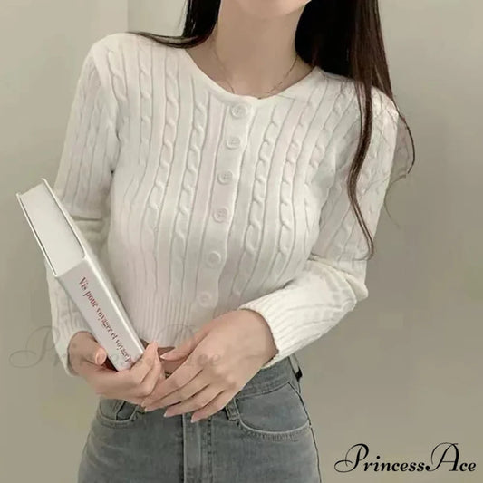 Textured Cable Knit Trim Fit Button-Up Cropped Cardigan cardiagn-250126