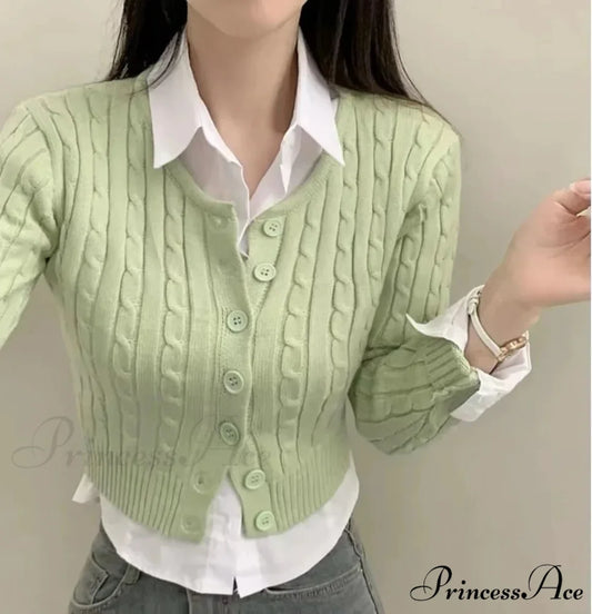 Textured Cable Knit Trim Fit Button-Up Cropped Cardigan Green / One Size cardiagn-250126