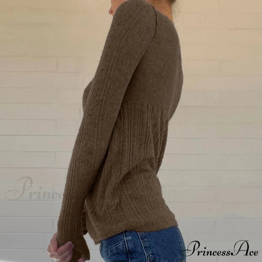 Textured Knit Trim Fit Button Front Extended Sleeve Sweater Women knittop-250126