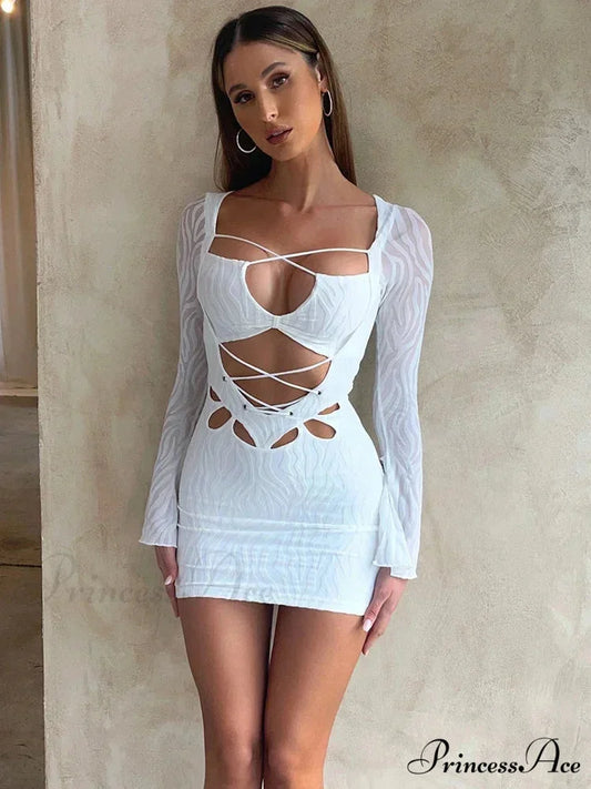Textured Lace Up Bandage Long Sleeve Bodycon Streetwear Mini Dress WHITE / S
