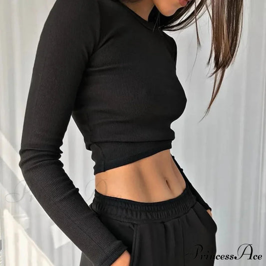 Textured Seductive Cropped Trim Fit Extended Sleeve Knit Top Black / S knittop-250126