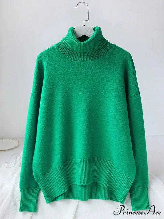Thick Cozy Oversize Warm White High Neck Knitted Casual Comfortable Sweater Green / S
