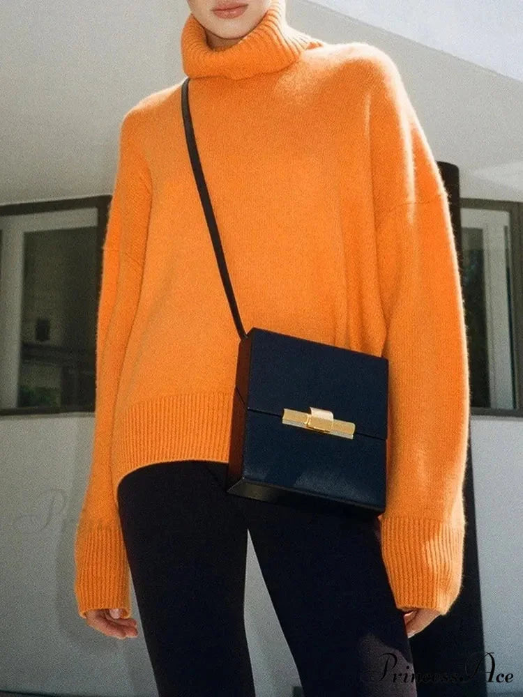 Thick Cozy Oversize Warm White High Neck Knitted Casual Comfortable Sweater Orange / S