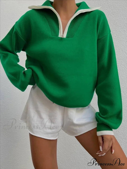 Thick Green TurtleNeck Polo Zipper Casual Loose Streetwear Christmas Sweater Green / S