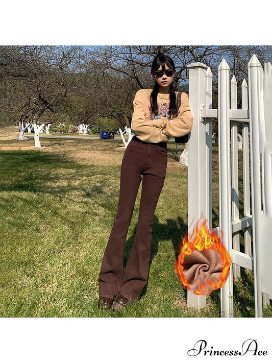 Thicken Winter Warm Slim Fleece Flared Pants Elastic Skinny Women’s Fashion High Waist Velvet Plus Length Female Jean