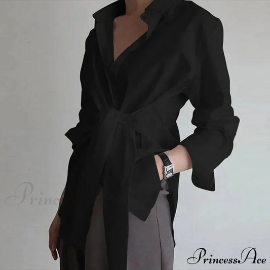 Thin Button Gathered Lace-Up Blouse Black / S blouse-250223